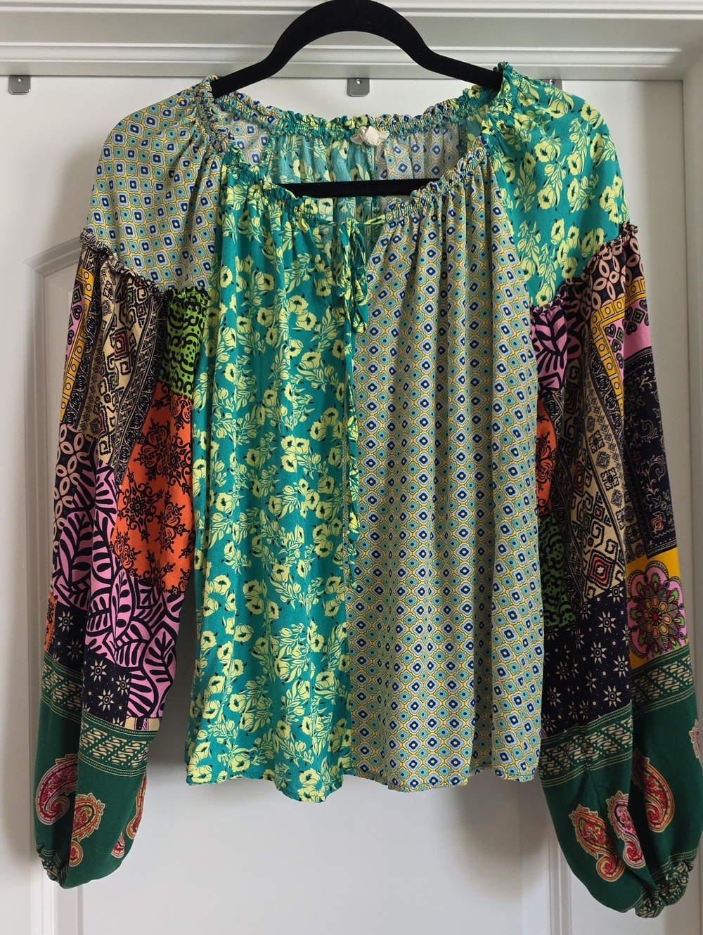 EUC Easel Oversized Small Mixed-Print Peasant Blouse in Teal Green